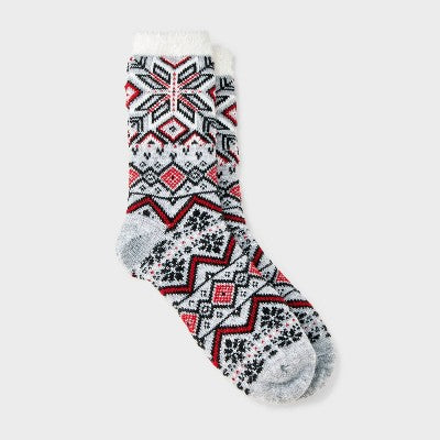 Women's Snowflake Geo Double Lined Cozy Crew Socks - Auden Light Heather Gray/Red/Black 4-10