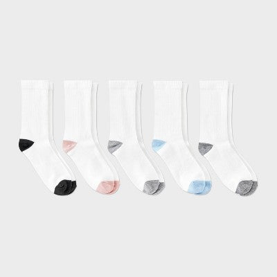 Women's Ribbed 5pk Crew Socks - Dealworthy White 4-10: Recycled Polyester, Knit, Rib Cuffs
