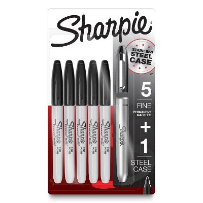 Sharpie 5ct Permanent Markers Fine Tip Stainless Steel Case Black Ink: Art & Office Supplies, Fine Point, Ages 3+