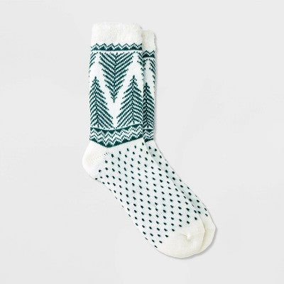 Women's Delicate Trees Double Lined Cozy Crew Socks - Auden Ivory/Green 4-10