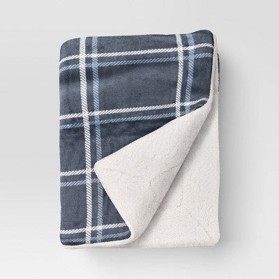 Grid Printed Plush Throw with Faux Shearling Reverse Blue/Light Blue/Ivory - Threshold
