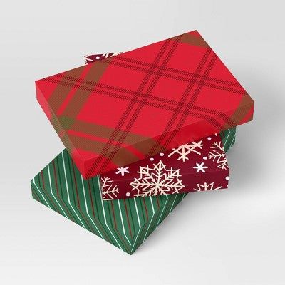 3ct 9.5"x2" Festive Print Christmas Shirt Gift Box Plaid/Stripe/Snowflakes - Wondershop