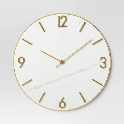 26" Faux Marble Finished in Polished Brass Wall Clock White - Threshold: Elegant Timepiece for Indoor Use