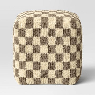 Checkerboard Pouf Cream/Brown - Threshold: Modern Square Upholstered Ottoman, No Assembly Required
