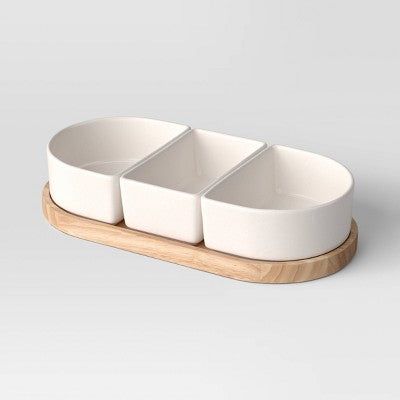 4pc Ceramic Sectioned Serving Bowl Set - Threshold: Set of Dip Bowls, Serveware, Rubberwood Tray, Hand Wash