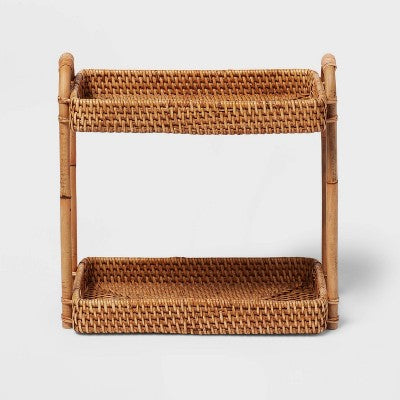Natural Woven Tiered Vanity Bathroom Tray - Threshold: Rattan Countertop Storage Accessory, Spot Clean