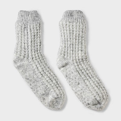 Women's Waffle Sweater Knit Reading Crew Socks with Faux Shearling Lining and Grippers Auden Gray Heather One Size