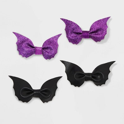 Halloween Hair Leather and Glitter Bat Hair Clip Set 4pc - Black/Purple