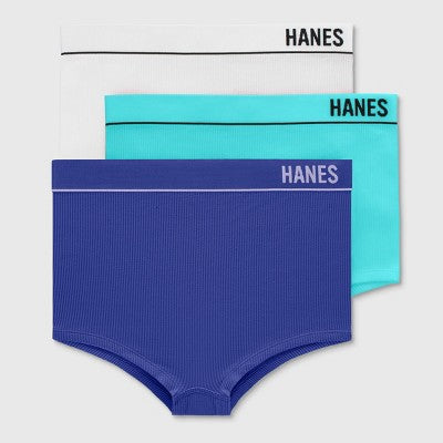 Hanes Women's 3pk Original Ribbed Boy Shorts - Teal/Indigo/White S: Nylon-Spandex Blend, Full Waistband Elastic, Machine Washable