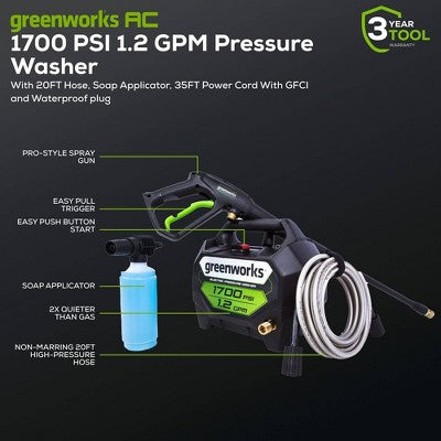 Greenworks 1700 PSI Corded Electric Pressure Washer (LOCAL PICKUP ONLY)