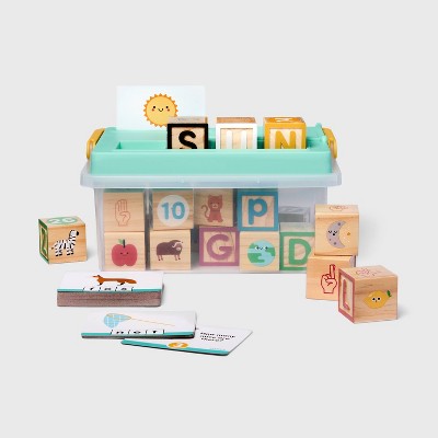 Wooden Blocks Activity - Gigglescape: Educational Letter Blocks, Storage Box, 78 Pieces, Ages 3+