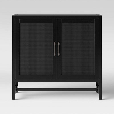 Warwick 2 Door Cabinet Black - Threshold: Rattan Accent, Adjustable Shelf, Mesh Doors (LOCAL PICKUP ONLY)