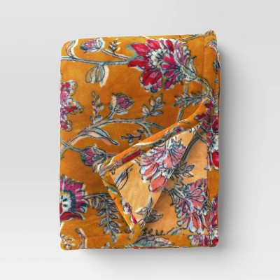 Oversized Printed Floral Primalush Throw Blanket Gold - Threshold
