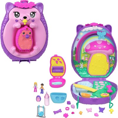 Polly Pocket Hedgehog Mom and Baby Purse Playset with 2 Dolls and 16 Accessories
