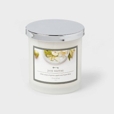 11oz Lidded Glass Candle Jade Waters - Threshold: Scented, Palm & Paraffin Wax, 35hr Burn Time, Musk Jasmine Apple Ocean Aroma