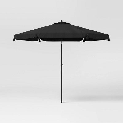 7.5' Tassel Scalloped Edge Outdoor Round Patio Market Umbrella Black with Black Pole - Threshold (LOCAL PICKUP ONLY)