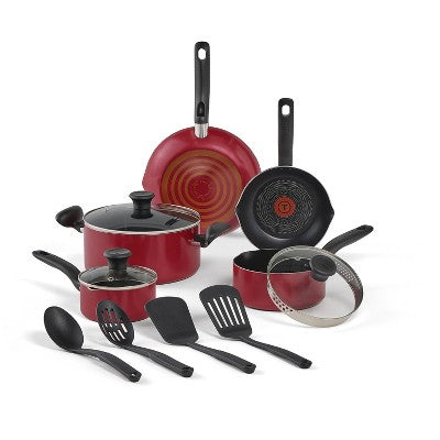 T-Fal 12pc Simply Cook Nonstick Cookware Set Red: Aluminum, Ergonomic Handles, Tempered Glass Lids, Oven-Safe to 350F (LOCAL PICKUP ONLY)