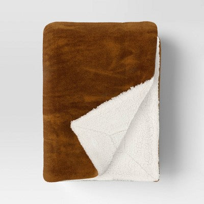 Solid Plush Throw with Faux Shearling Reverse Dark Tan - Threshold