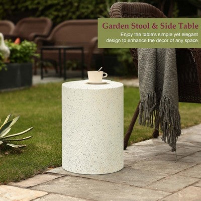 LuxenHome Round Patio Side Table Off White with Speckled Gray Cement, Accent Table for Outdoor and Indoor Off-White (LOCAL PICKUP ONLY)