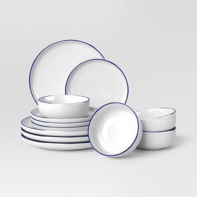12pc Stoneware Dinnerware Set Blue Rim - Threshold (LOCAL PICKUP ONLY)