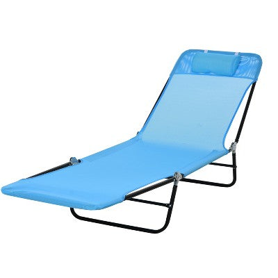 Outsunny Foldable Outdoor Chaise Lounge Chair, 6-Level Reclining Camping Tanning Chair with Breathable Mesh Fabric and Headrest, Blue