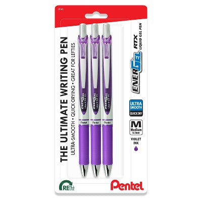 Pentel EnerGel 3pk Gel Pen Violet Ink with +1 Refill: 0.7mm Quick Drying Retractable Purple Ink Pens, Art & Stationery