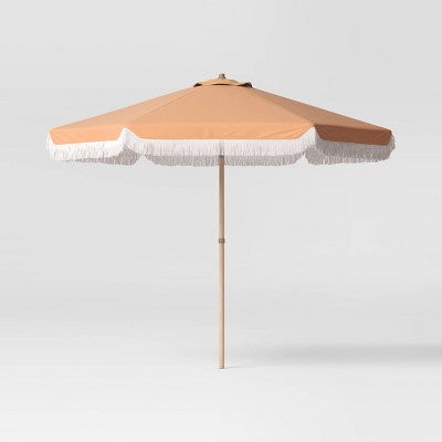 7.5' Fringe Edge Outdoor Round Patio Market Umbrellas Mustard Yellow with Faux Wood Pole - Threshold (LOCAL PICKUP ONLY)