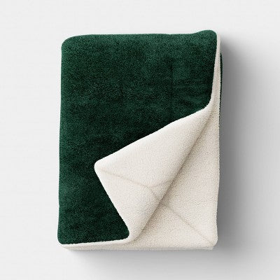 Solid Plush Throw with Faux Shearling Reverse Green - Threshold