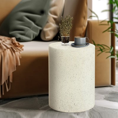 LuxenHome Round Patio Side Table Off White with Speckled Gray Cement, Accent Table for Outdoor and Indoor Off-White (LOCAL PICKUP ONLY)
