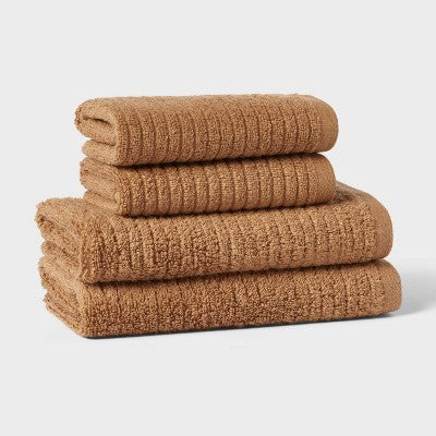 4pk Quick Dry Ribbed Hand and Wash Towel Set Light Brown - Threshold