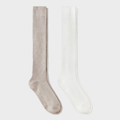 Women's Ultra Soft Everyday Rib-Knit 2pk Knee High Socks - Auden Ivory/Tan 4-10