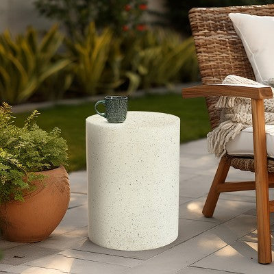 LuxenHome Round Patio Side Table Off White with Speckled Gray Cement, Accent Table for Outdoor and Indoor Off-White (LOCAL PICKUP ONLY)