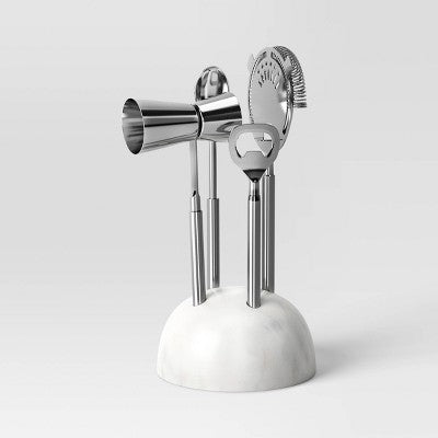4pc Stainless Steel Barware Set with Marble Stand - Threshold: Luxury & Glam, Spot Clean, Multicolor, Stoneware