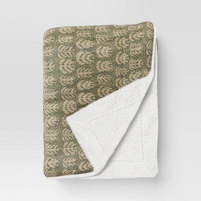 Block Print Plush Throw with Faux Shearling Reverse Green/neutral - Threshold