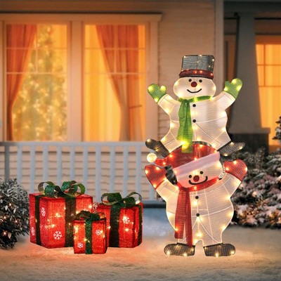 LuxenHome Stacked Snowman Couple Lighted LED Indoor Outdoor Holiday Decoration White