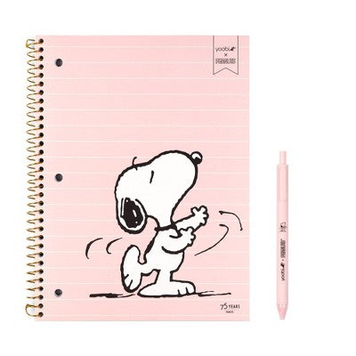 Yoobi 8"x10.5" Peanuts 1 Subject Notebooks Wide Ruled with Pen Pink Snoopy Dance, School Supplies