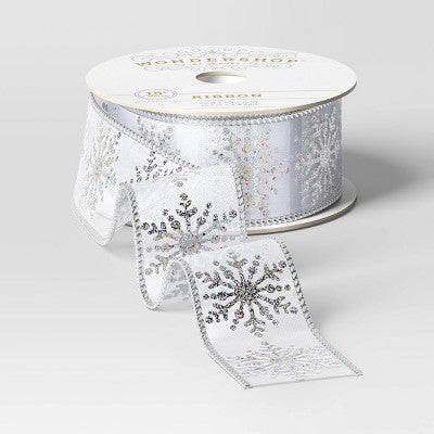 1.5" Sheer Fabric Snowflake Pattern Christmas Ribbon 15' - Wondershop