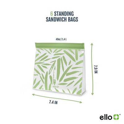 Ello 6pk Standing sandwich Reusable Food Storage Bags Green