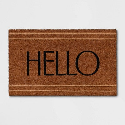 1'6"x2'6" 'Hello' Stripe Border Coir Doormat Natural - Threshold: Outdoor Welcome Mat, Rectangle, Medium Pile