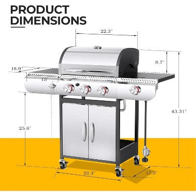 R.W. FLAME BBQ Gas Grill – 34,000 BTU Propane, Enamel Grates, Removable Grease Tray, Ideal for Outdoor Cooking, Camping, Backyard, Patio & Deck (LOCAL PICKUP ONLY)