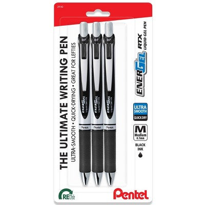 Pentel EnerGel 3pk Gel Pen Black ink with +1 refill: 0.7mm Quick Drying Retractable Pens & Refill, Office Stationery