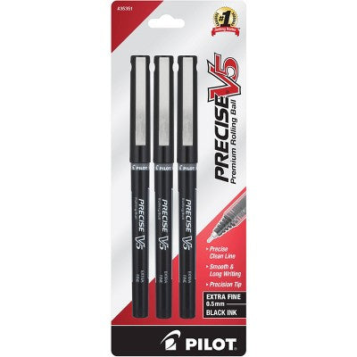 Pilot 3ct Precise V5 Rolling Ball Pens Extra Fine Point 0.5mm Black Ink: Rollerball, Visible Ink Supply, Cap, Stationery