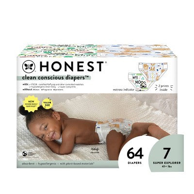 The Honest Company Disposable Diapers - Club Pack Barnyard Babies & a Pawty - Size 7 - 64ct