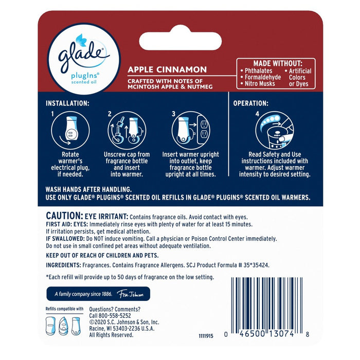 Glade PlugIns Scented Oil Air Freshener Apple Cinnamon Refill - 1.34oz/2ct
