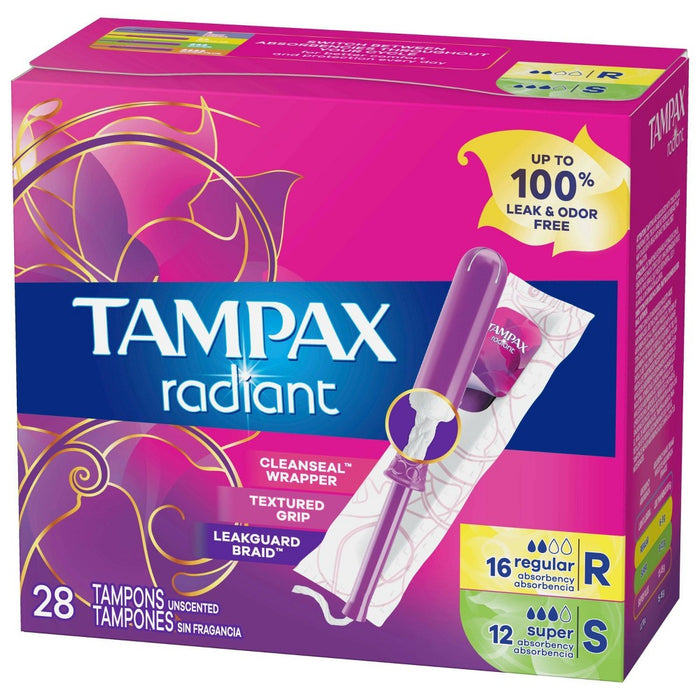 Tampax Radiant Duopack Regular/Super Absorbency Unscented Plastic Tampons - 28ct