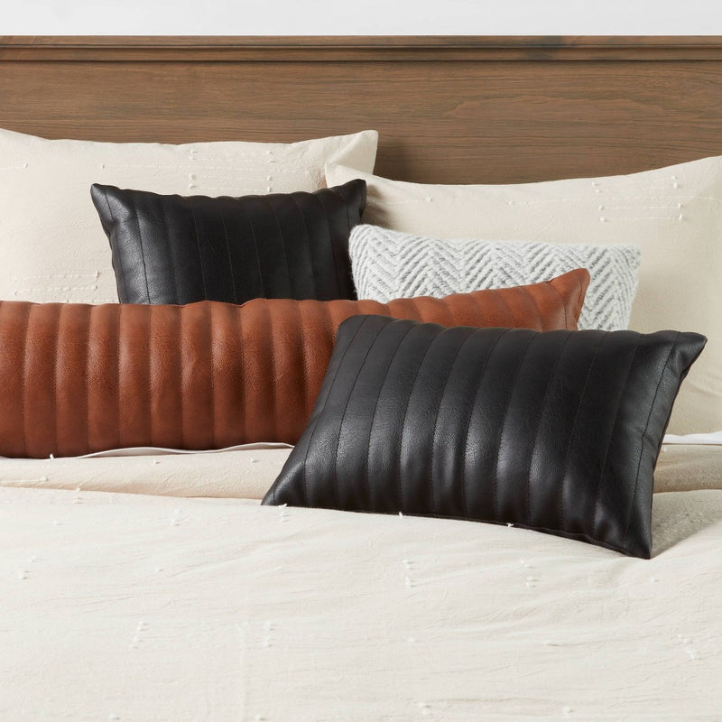 Lumbar Faux Leather Channel Stitch Decorative Throw Pillow Cognac - Threshold (LOCAL PICKUP ONLY)