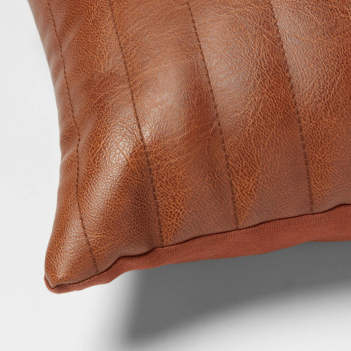 Lumbar Faux Leather Channel Stitch Decorative Throw Pillow Cognac - Threshold
