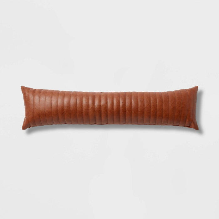 Lumbar Faux Leather Channel Stitch Decorative Throw Pillow Cognac - Threshold