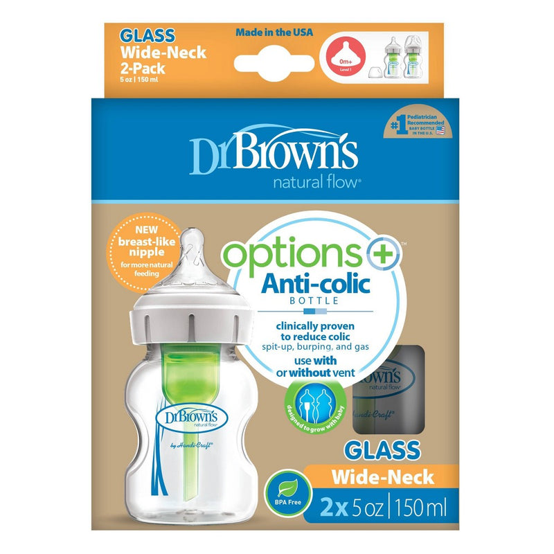 Dr. Brown's Options+ Wide-Neck Anti-Colic Glass Baby Bottle - 5oz/2pk