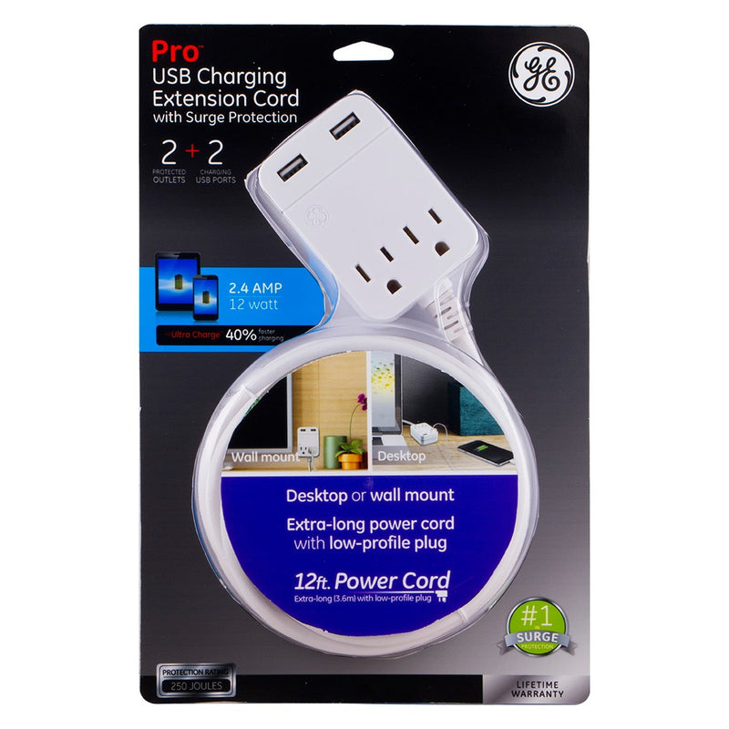 General Electric 12' 2.4A 2 USB 2 Outlets Surge Extension Cord White - SEE DETAILS